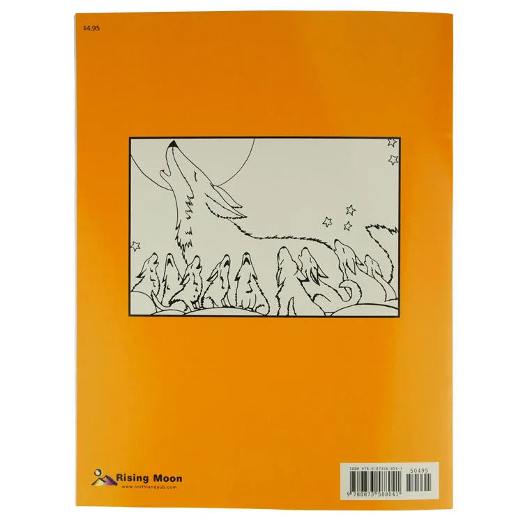 Wild Desert Coloring Book back cover with pack of coyotes