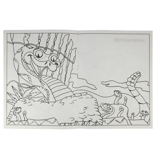 Wild Desert Coloring Book interior pages with line drawing of rattlesnake