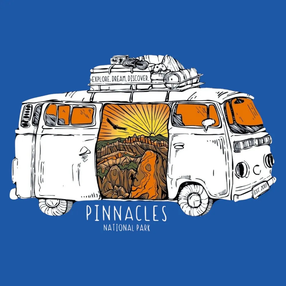 Illustration of a van with Pinnacles National Park design on a blue background