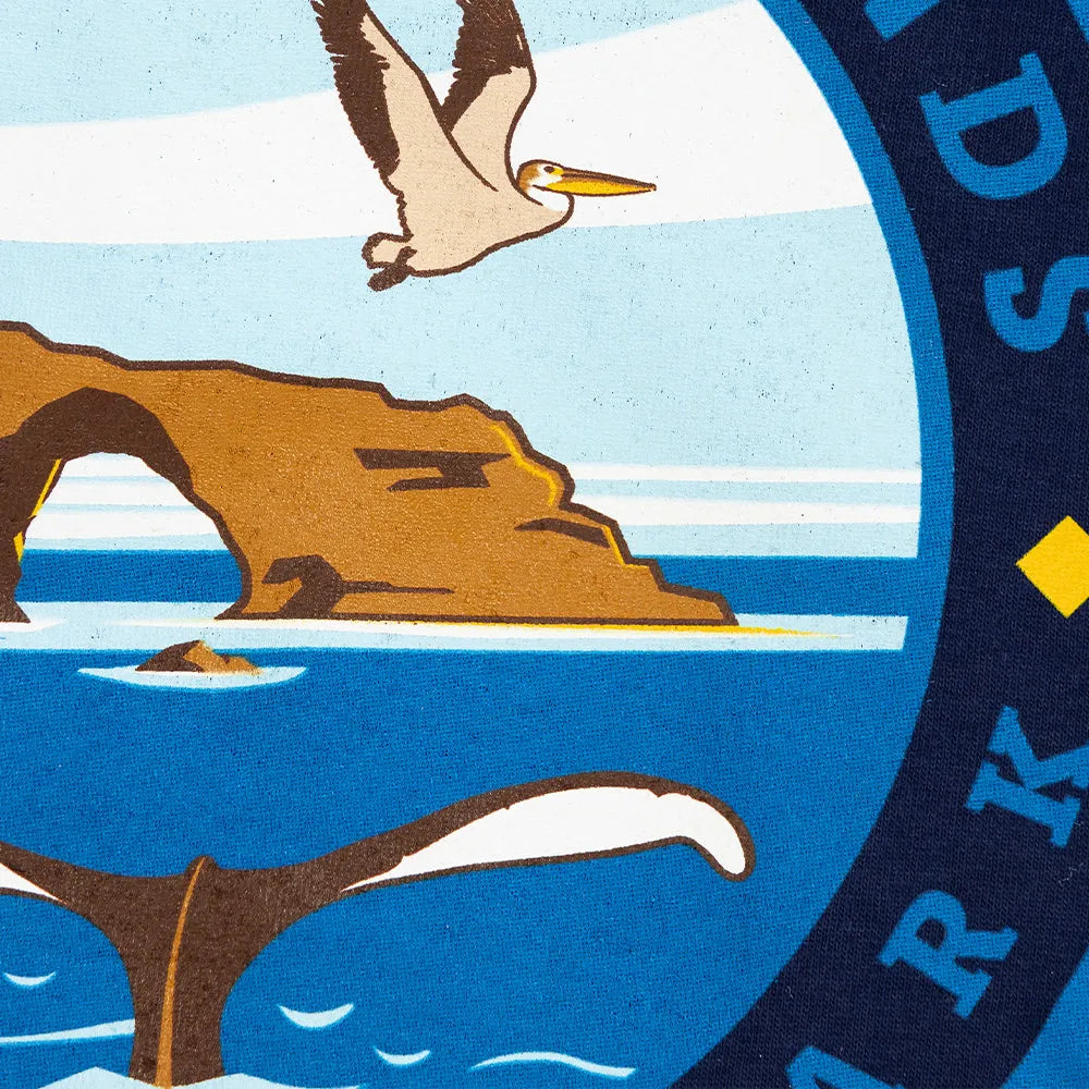 Channel Islands National Park T-Shirt - Round Logo extreme closeup with pelican