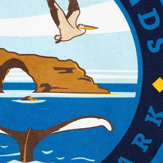Channel Islands National Park T-Shirt - Round Logo extreme closeup with pelican