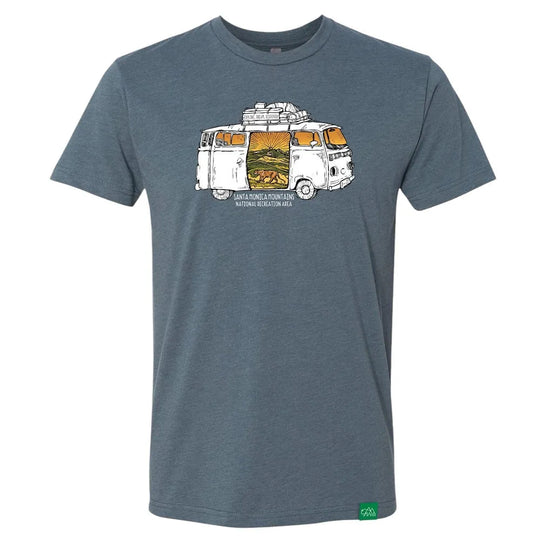 Blue t-shirt with a graphic of a van and nature scene and text Santa Monica Mountains National Recreation Area on a white background