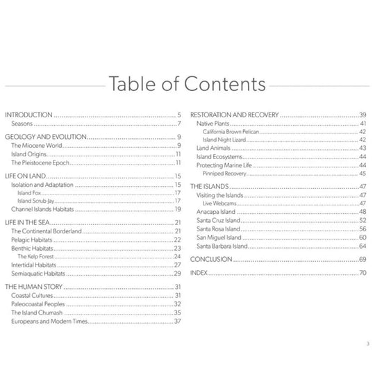 Table of contents for a book or document on islands, restoration, and recovery.