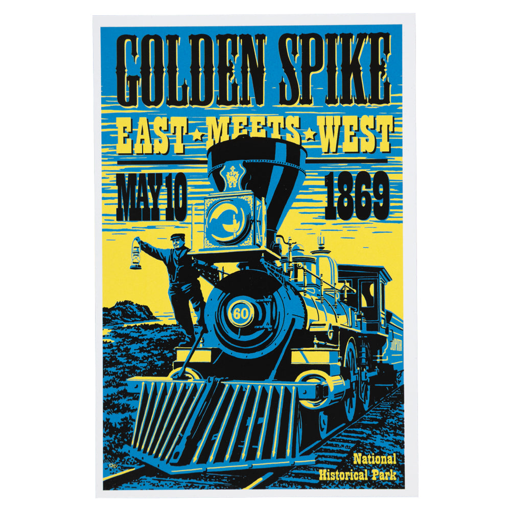 Vintage-style postcard of a steam locomotive with 'Golden Spike East Meets West' text for Golden Spike National Historical Park