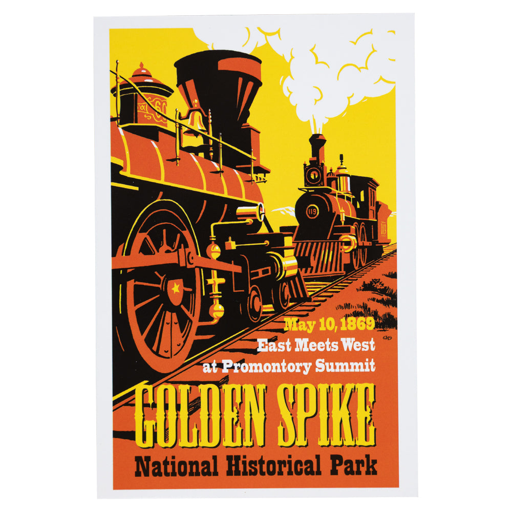 Vintage-style postcard for Golden Spike National Historical Park with two steam locomotives.