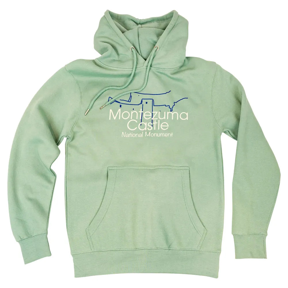 Light green hoodie with Montezuma Castle National Monument design on a white background