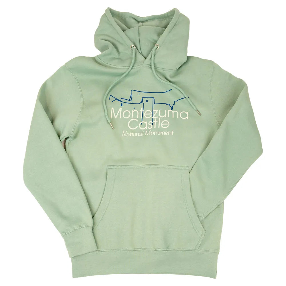 Light green hoodie with Montezuma Castle National Monument logo on a white background
