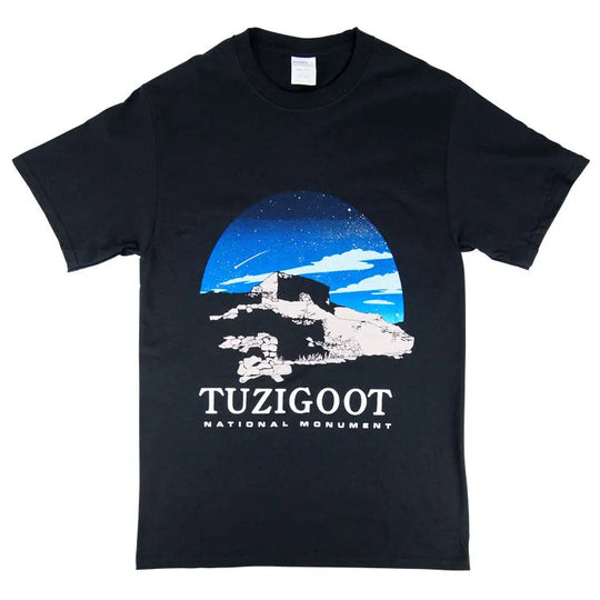 Black T-shirt featuring a graphic print of Tuzigoot National Monument with a night sky background.