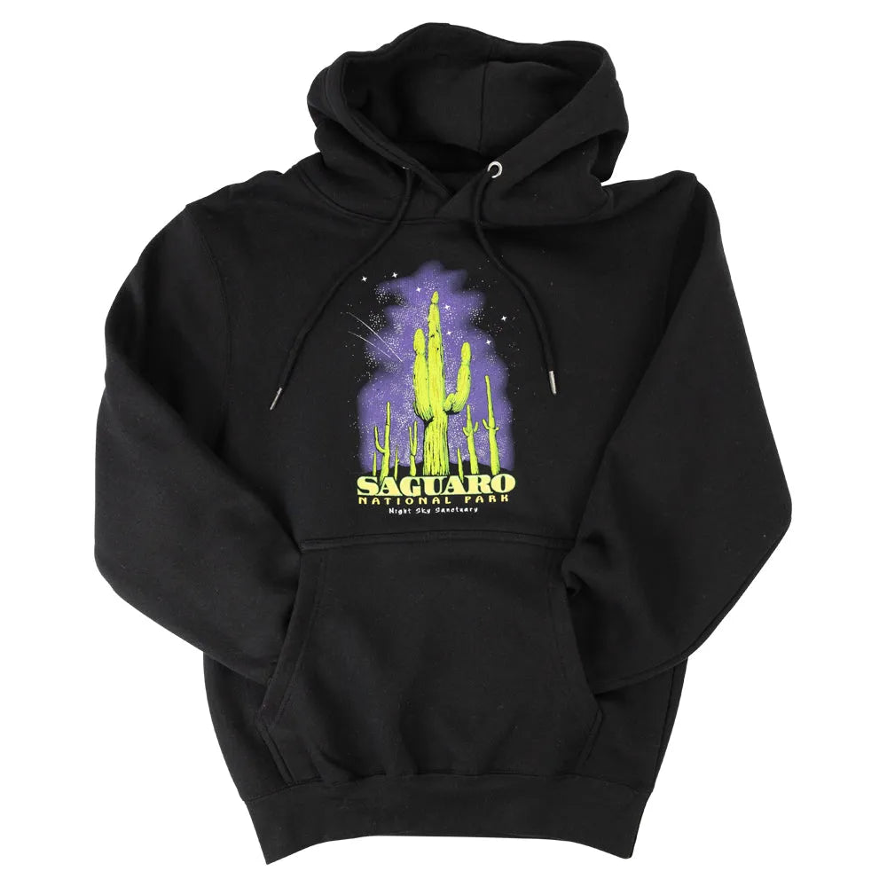 Black Saguaro NP hoodie with sleeves tucked in pocket