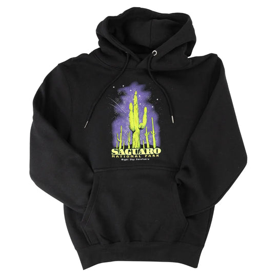 Black Saguaro NP hoodie with sleeves tucked in pocket