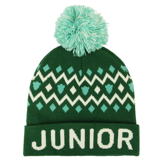 A green and white geometric patterned beanie with a pom-pom on top, featuring the text JUNIOR RANGER around the rim.