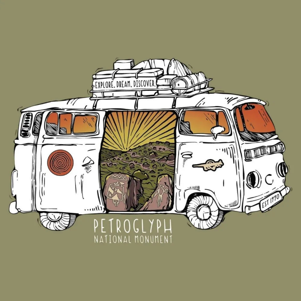 Illustration of a van with a scenic view and 'Petroglyph National Monument' text on a beige background