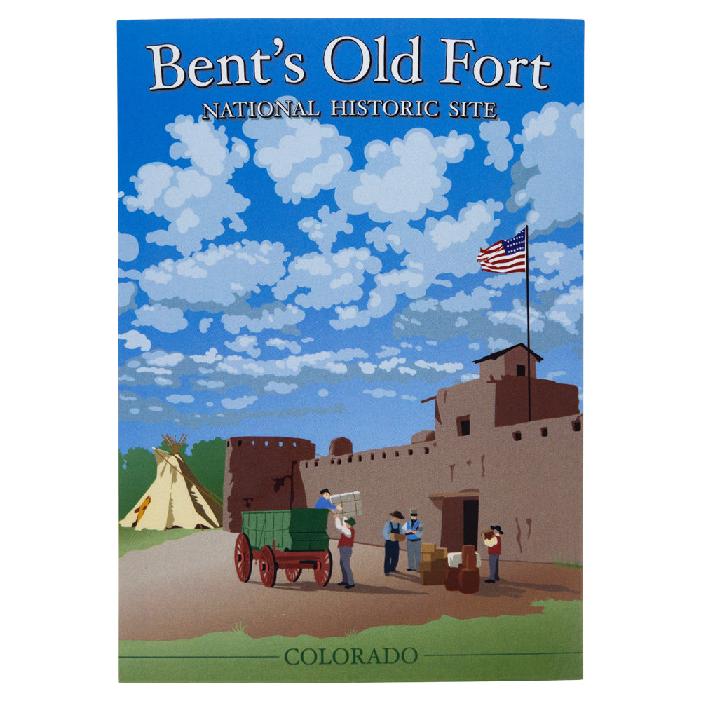 Illustrated poster of Bent's Old Fort National Historic Site in Colorado with a blue sky and American flag.