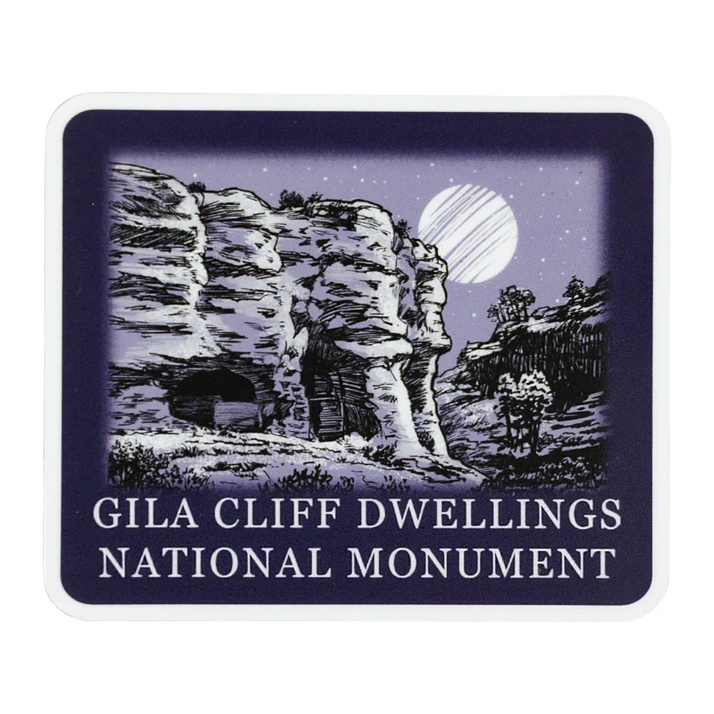 Sticker with Gila Cliff Dwellings National Monument featuring a night sky design on a white background