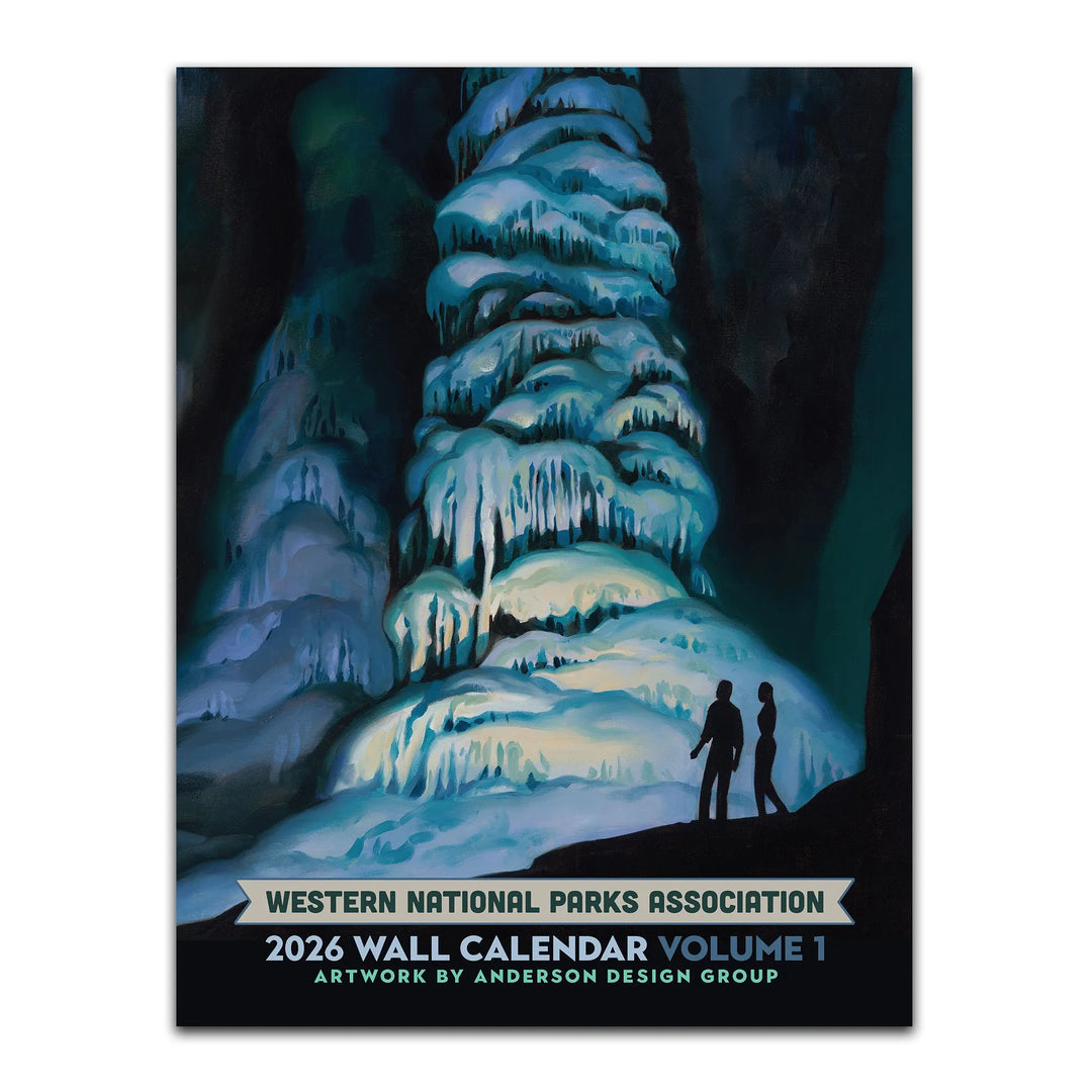 2026 Wall Calendar Volume 1 by Western National Parks Association with Carlsbad Caverns illustration and two figures.