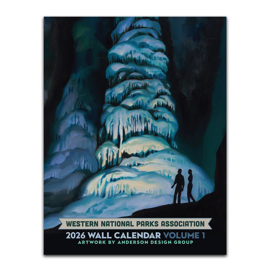 2026 Wall Calendar Volume 1 by Western National Parks Association with Carlsbad Caverns illustration and two figures.