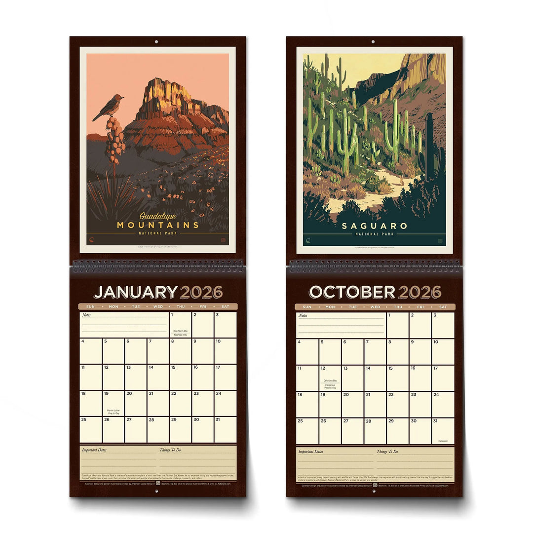 Two wall calendars showing January and October 2026 with nature-themed covers.