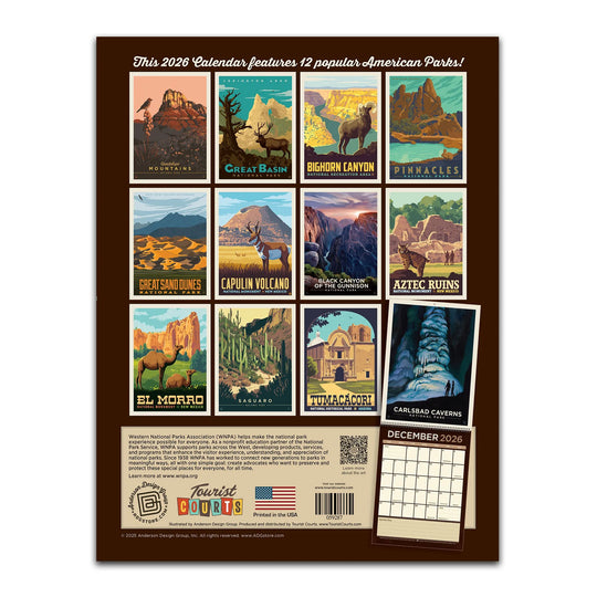 Calendar cover with 12 popular American parks illustrations on a brown background