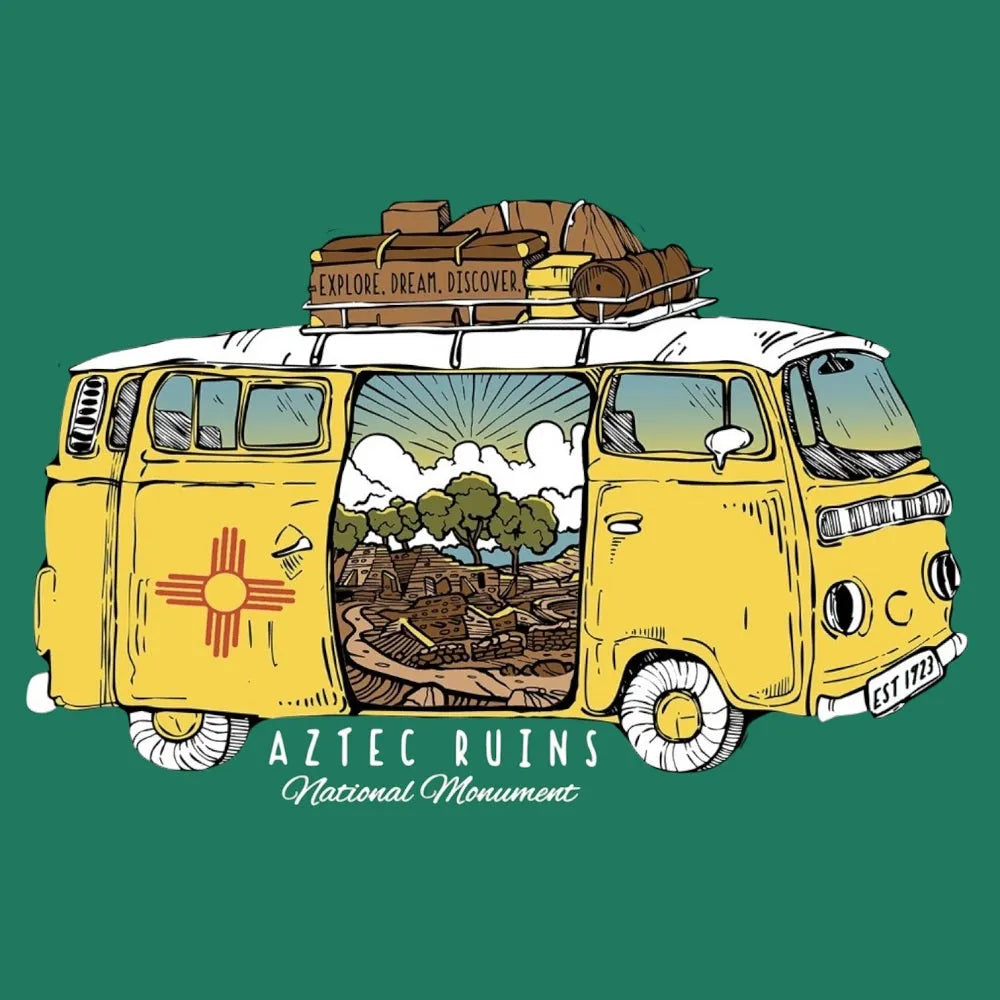 Illustration of a yellow van with luggage on top, set against a green background with 'Aztec Ruins National Monument' text.