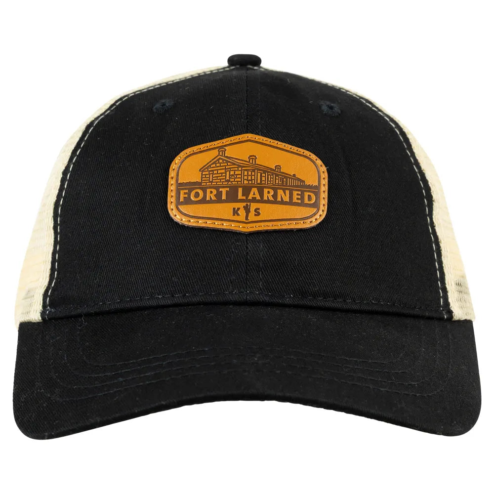 Fort Larned National Historic Site Mesh Back Cap with black cotton face & bill with leather patch front view