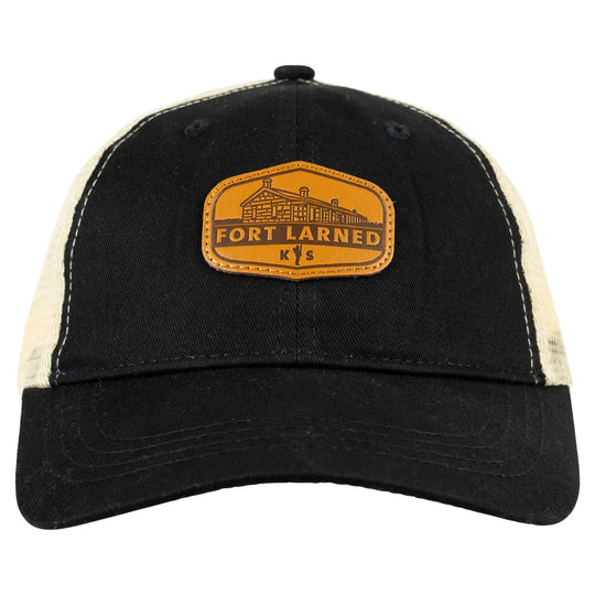Fort Larned National Historic Site Mesh Back Cap with black cotton face & bill with leather patch front view