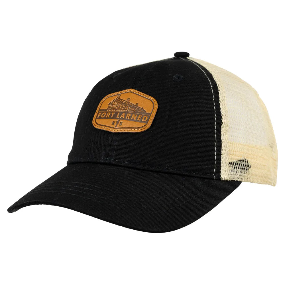 Fort Larned National Historic Site Mesh Back Cap with black cotton face & bill with leather patch quarter turn right