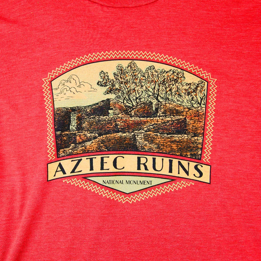 Red t-shirt with Aztec Ruins National Monument graphic on a red background