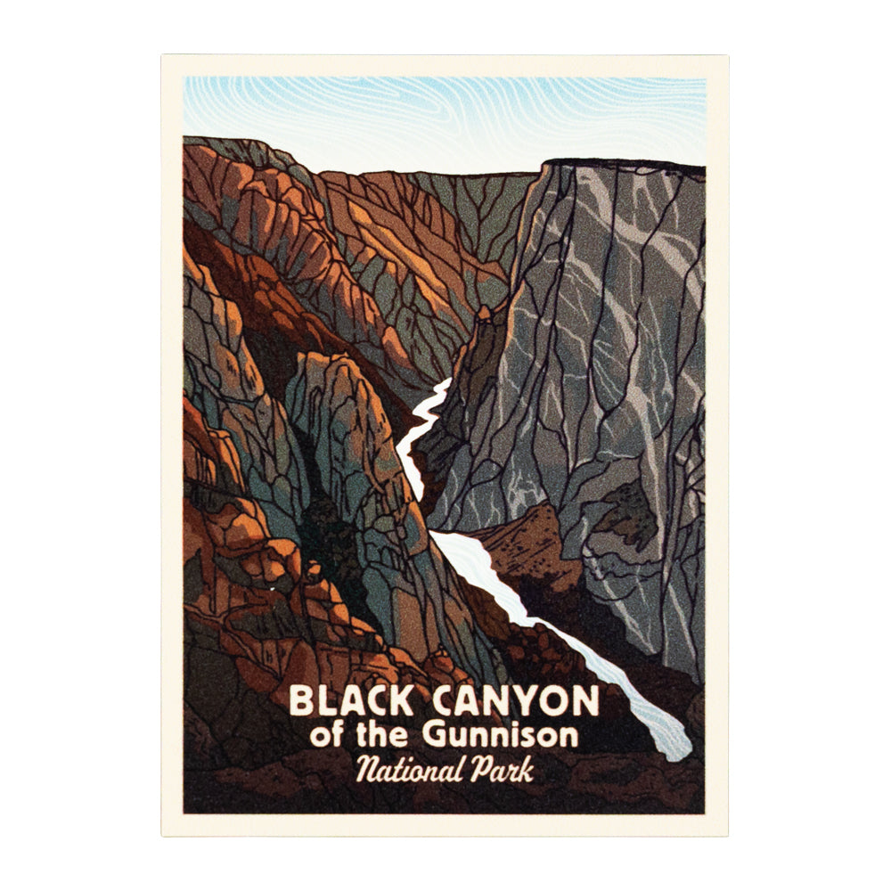 Illustration of Black Canyon of the Gunnison National Park with a river flowing through it.