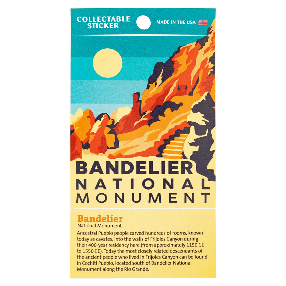 Collectible sticker for Bandelier National Monument with colorful illustration and text.
