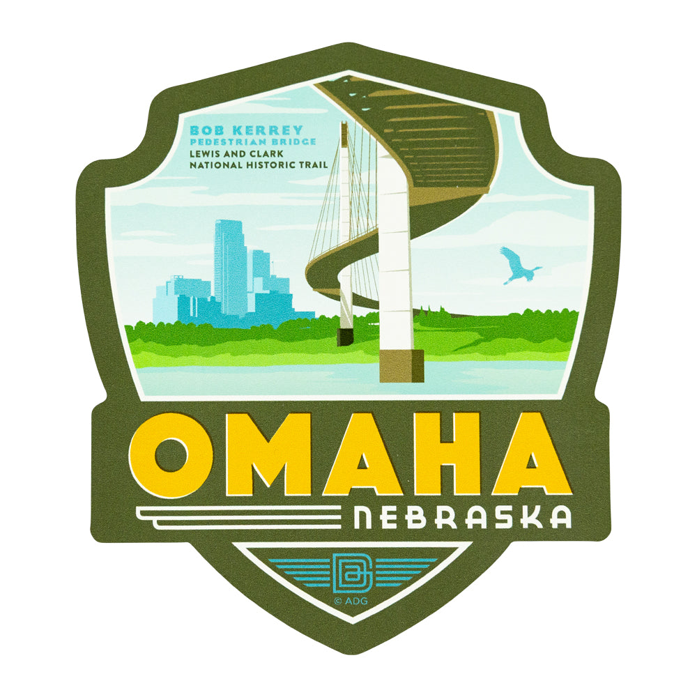 Sticker with text saying Omaha, Nebraska featuring a bridge and cityscape on the Lewis and Clark National Historic Trail.