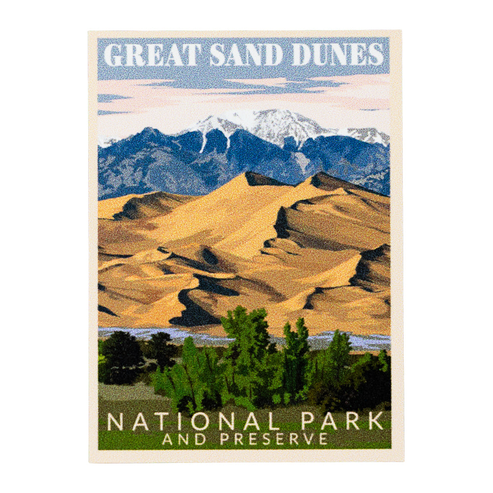 Poster of Great Sand Dunes National Park and Preserve with sand dunes, mountains, and trees.