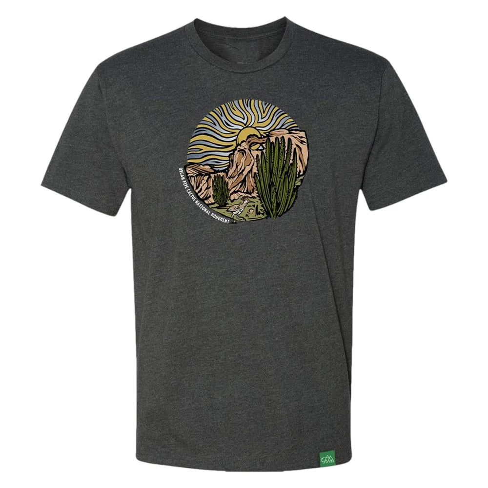 Dark gray t-shirt with a desert landscape graphic on a white background and text 'Organ Pipe Cactus National Monument'