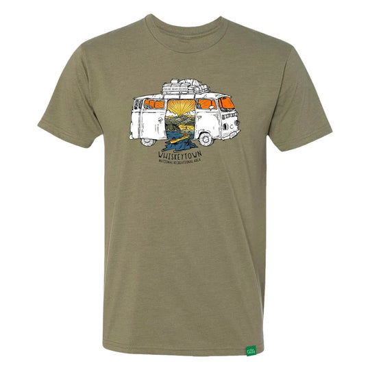 Olive green t-shirt with a graphic of a van and nature scene with text 'Whiskeytown National Recreation Area' on a white background