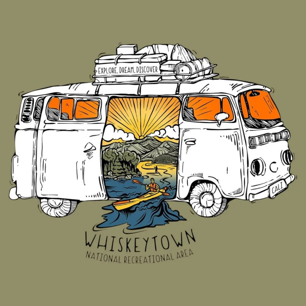 Illustration of a van with scenic design and 'Whiskeytown National Recreational Area' text on an olive background