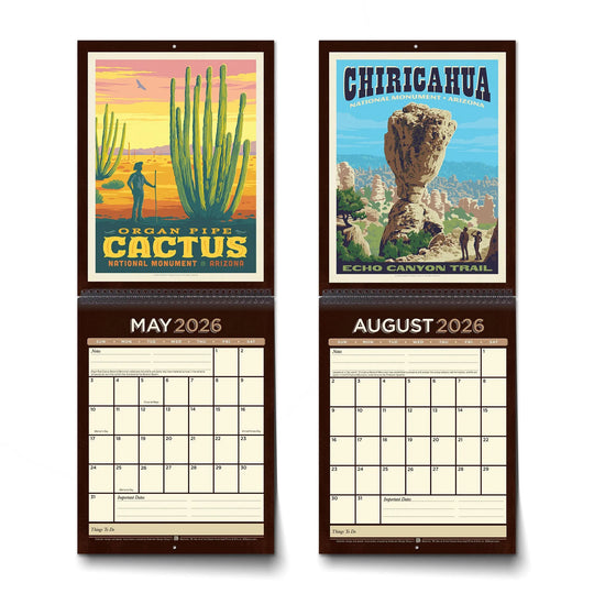 Two scenic calendars for May and August 2026 with nature-themed designs.