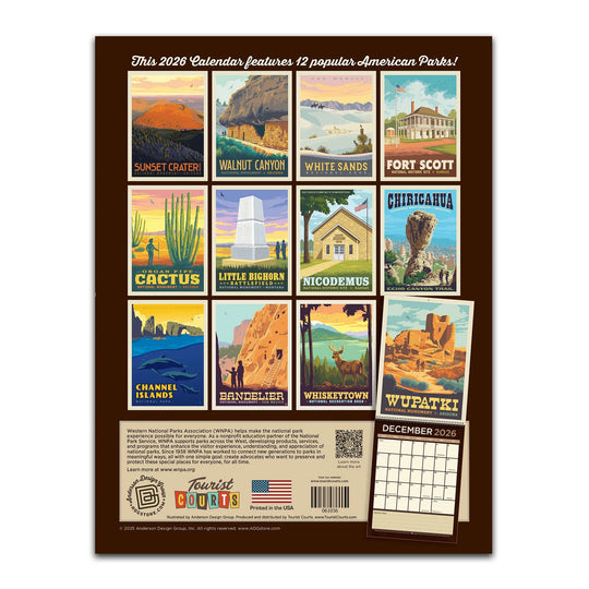 Calendar back cover featuring 12 popular American parks with colorful illustrations on a brown background.