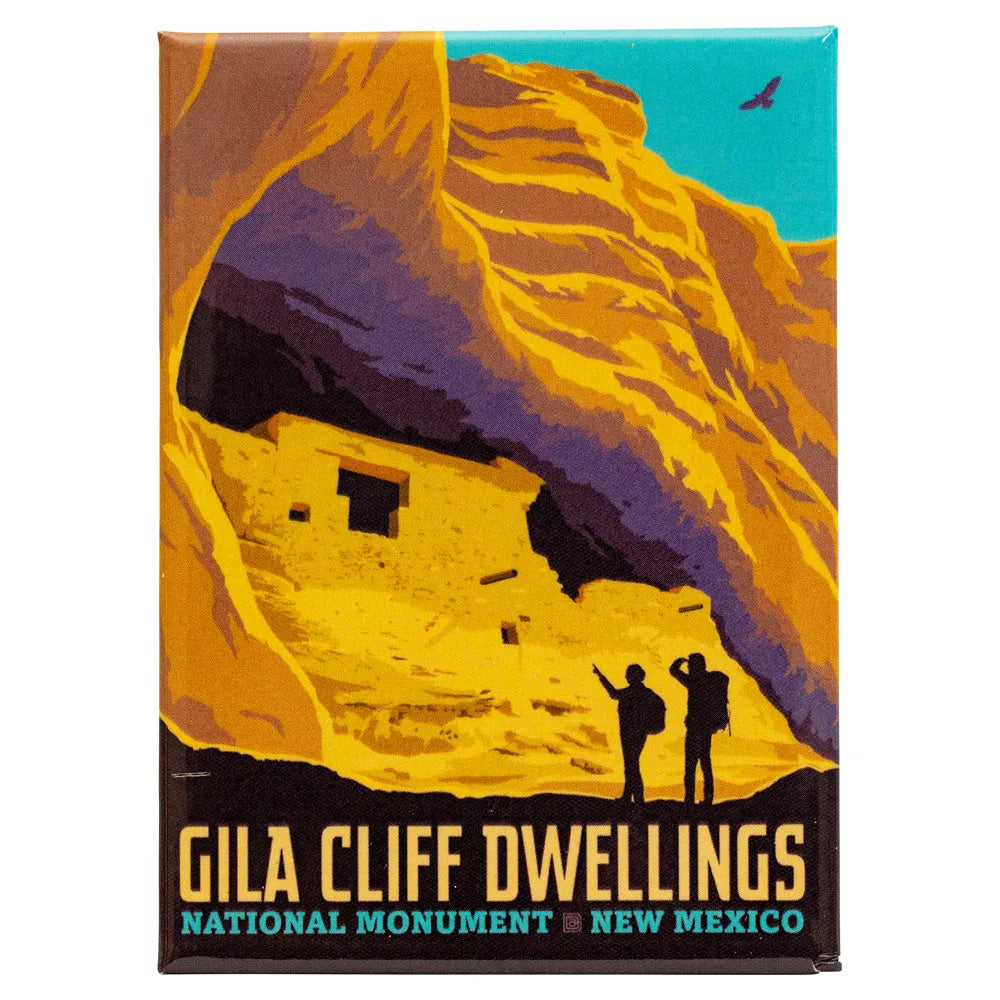 Fridge magnet with Gila Cliff Dwellings National Monument design featuring a cliff and two figures.