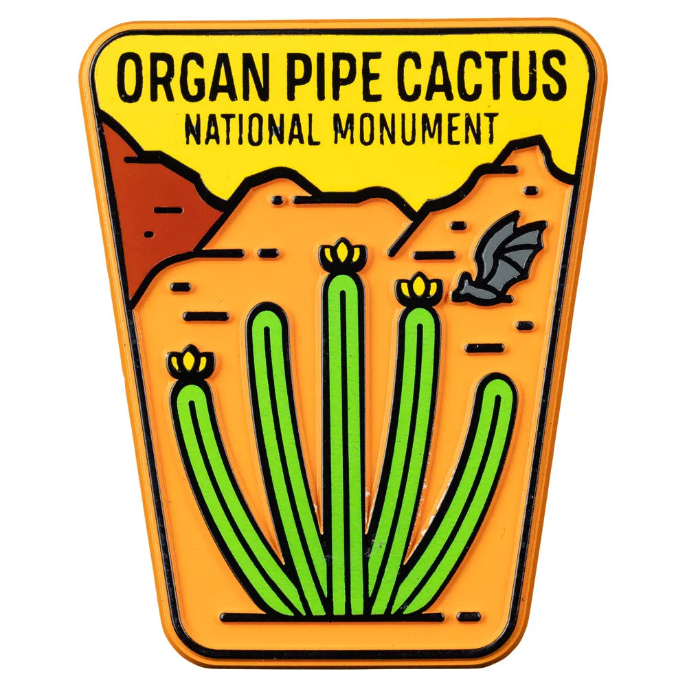 Stylized illustration of Organ Pipe Cactus National Monument with cacti and desert elements on a yellow background.