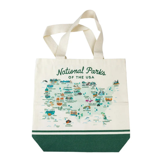 Tote bag with map of National Parks of the USA on a white background