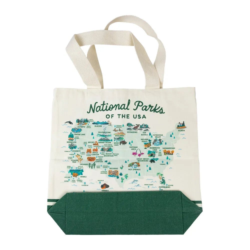 Tote bag with map of National Parks of the USA on a white background
