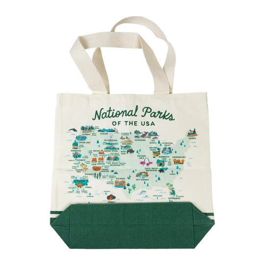 Tote bag with map of National Parks of the USA on a white background