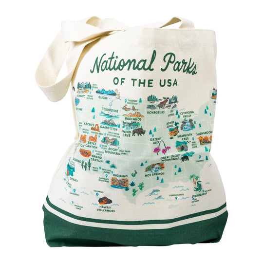 Tote bag with map of National Parks of the USA on a white background