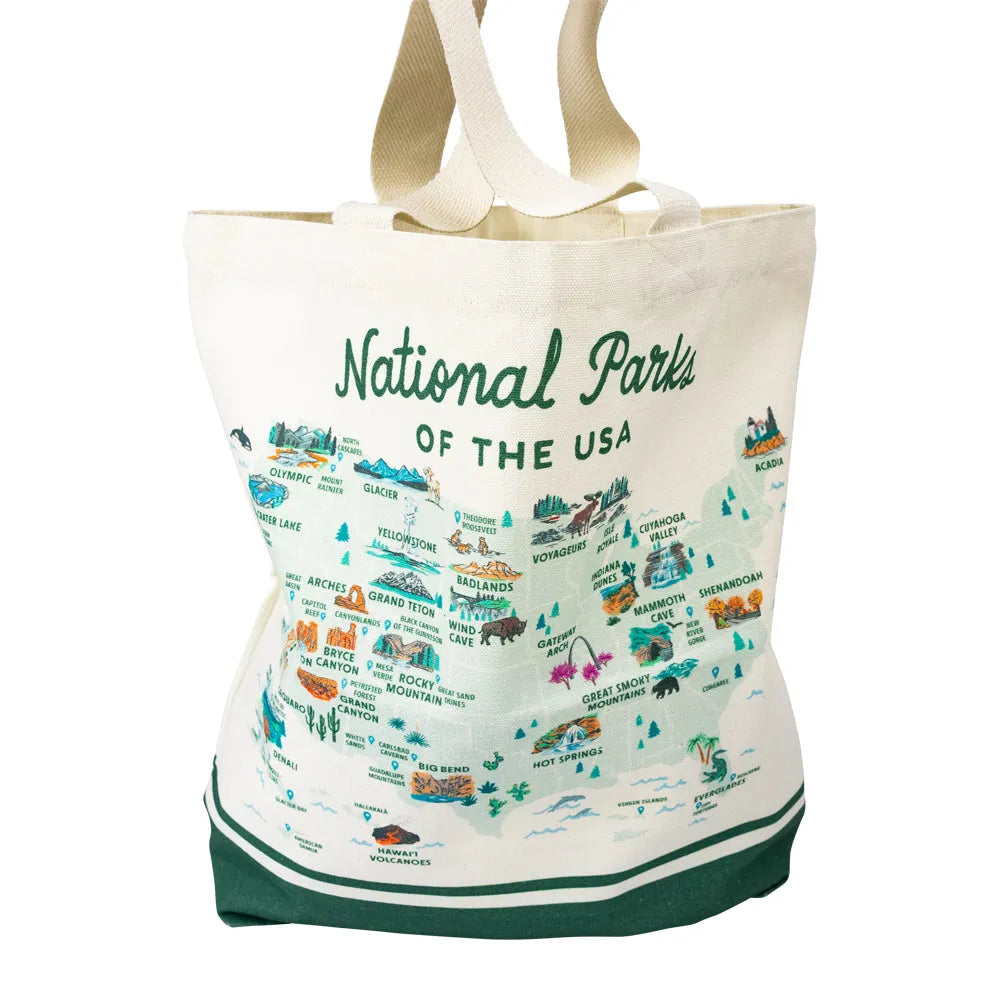 Tote bag with map of National Parks of the USA on a white background
