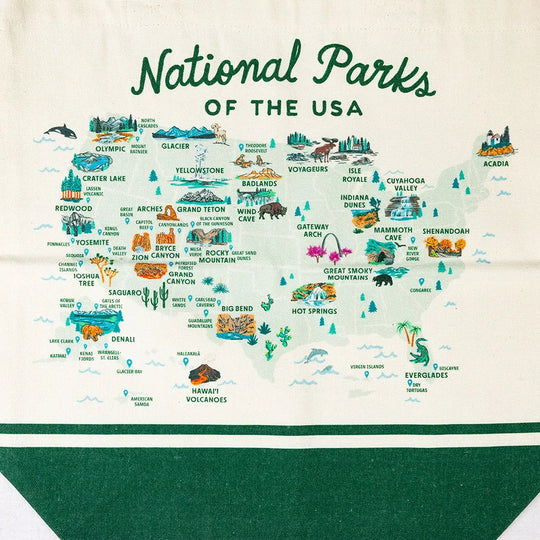 Map of National Parks of the USA with icons and names on a beige background