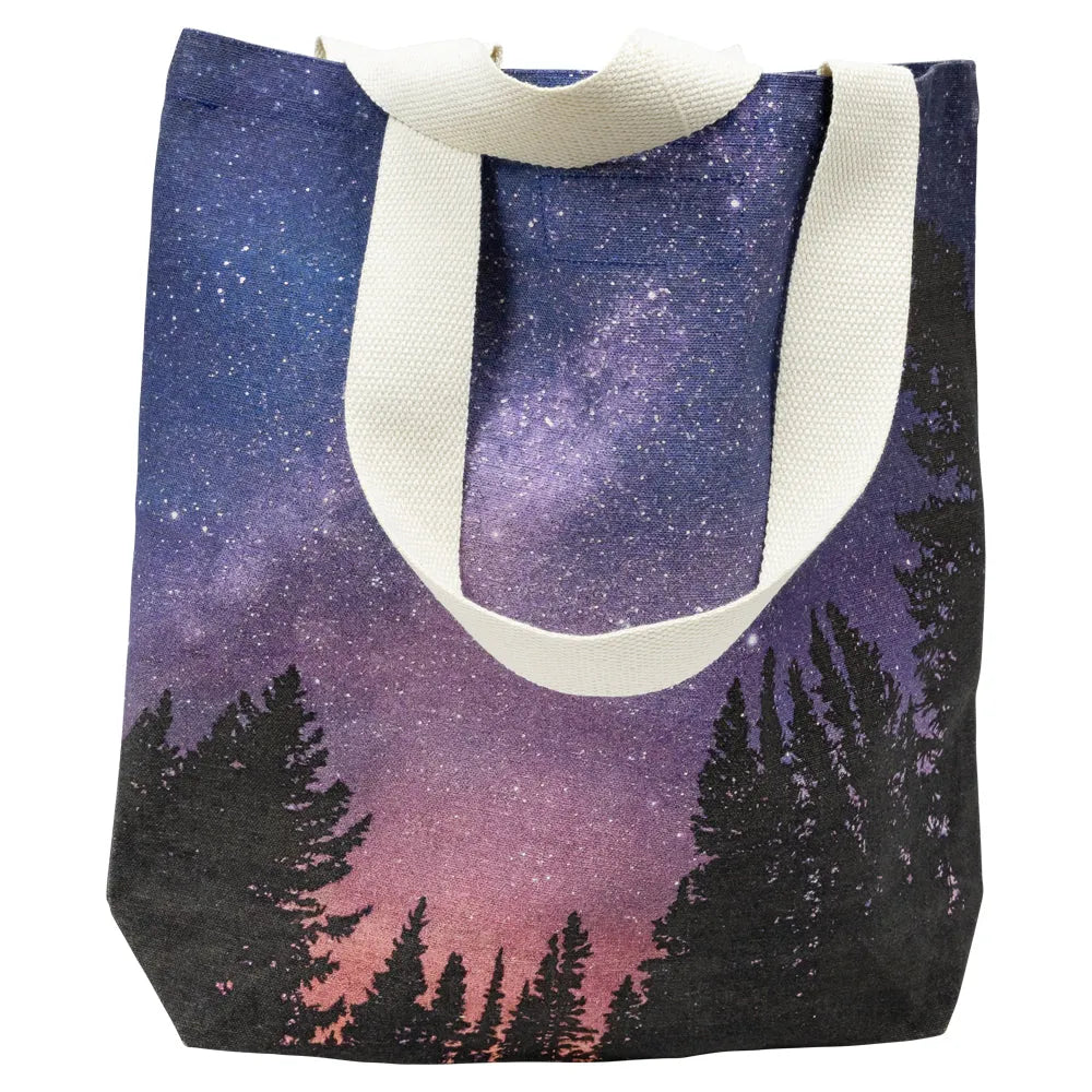 ight Sky Canvas Tote Bag Close Back View with Handles Down