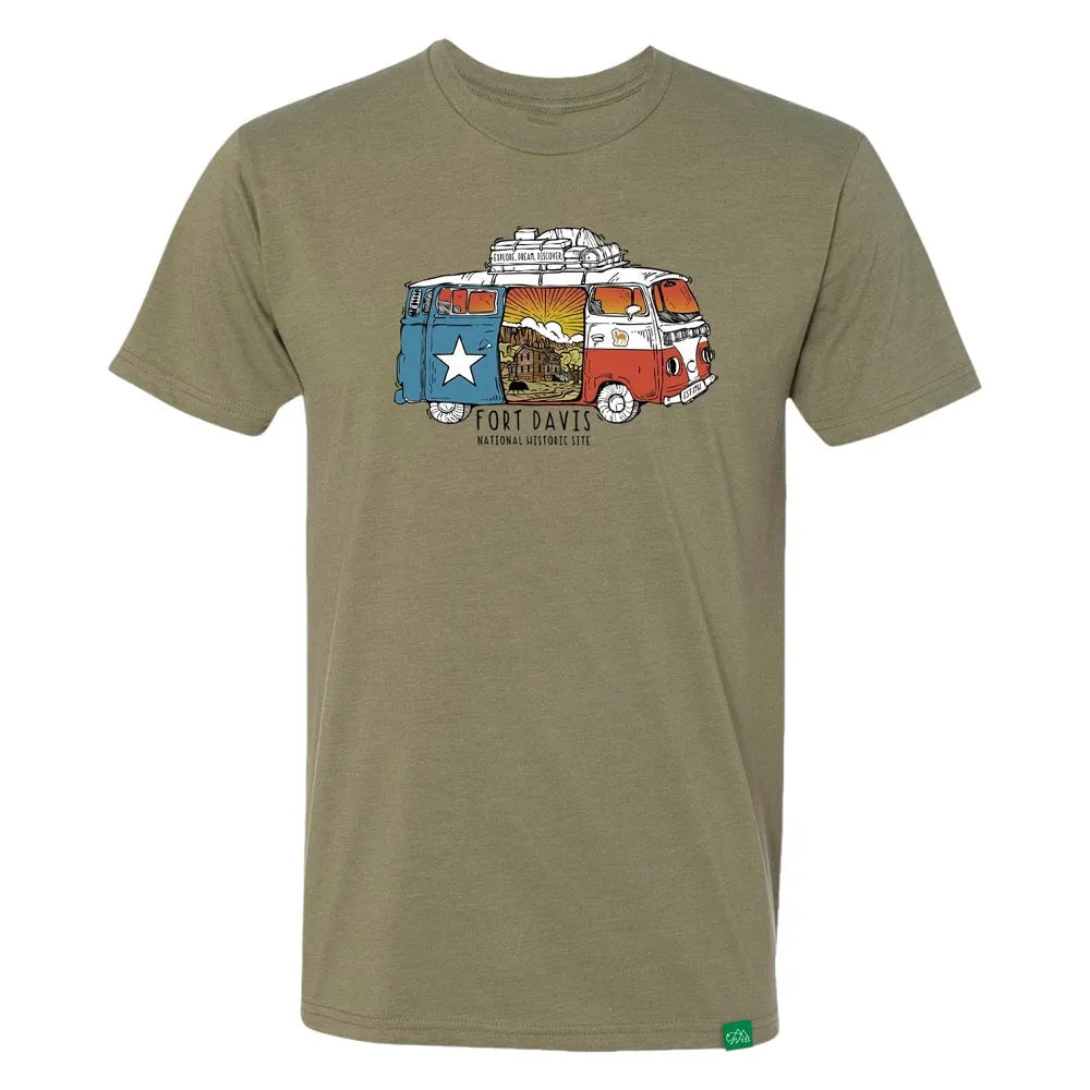 Olive green t-shirt with a colorful van graphic and text 'Fort Davis National Historic Site' on a white background
