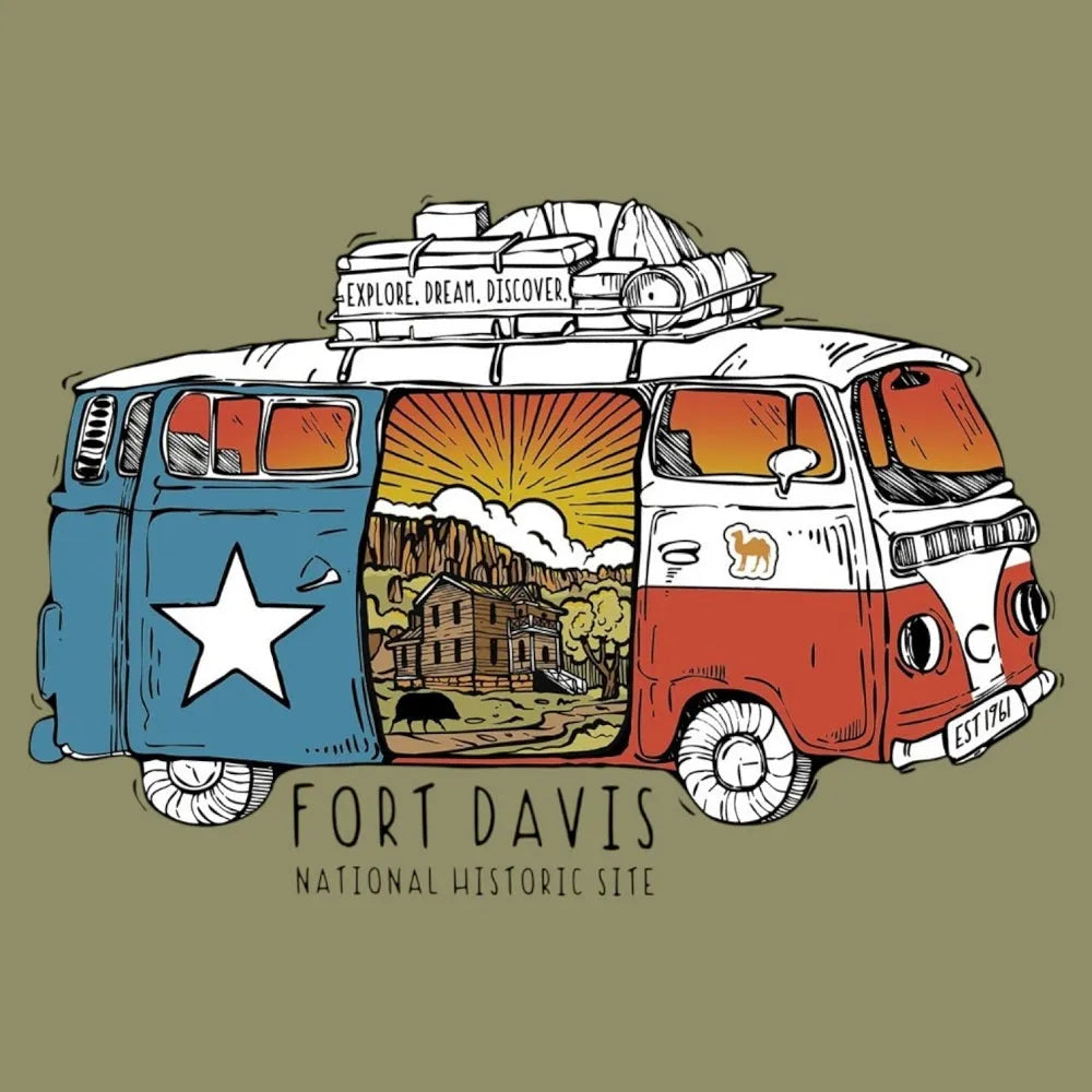 Illustration of a vintage van with 'Fort Davis National Historic Site' text on an olive background