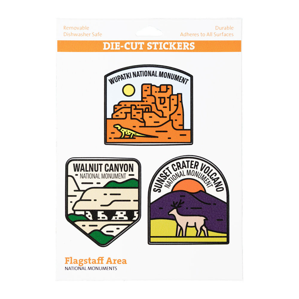 Three die-cut stickers of Flagstaff Area national monuments on a white background