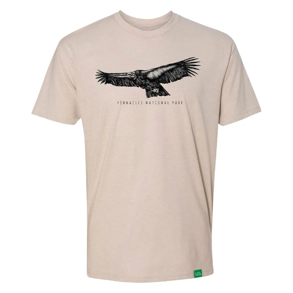 Beige t-shirt with an condor graphic and 'Pinnacles National Park' text on a white background
