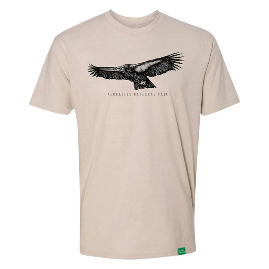 Beige t-shirt with an condor graphic and 'Pinnacles National Park' text on a white background